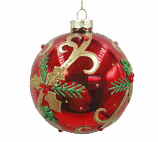 Glass Ball Gold Holly Leaf  Red/Gold