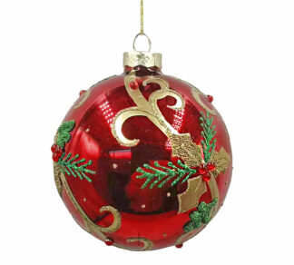 Glass Ball Gold Holly Leaf  Red/Gold