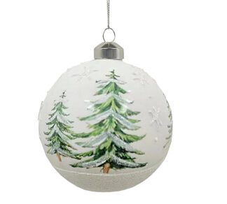 Glass Ball White W/Green Tree
