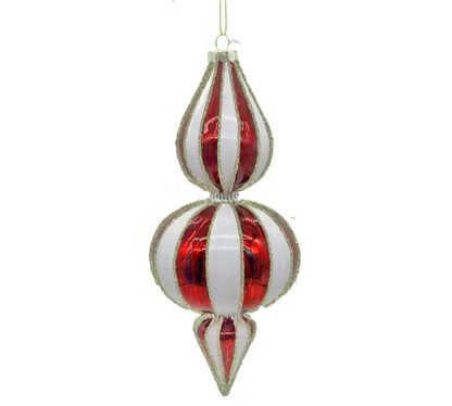 Glass Finial Orn Red/White Stripes