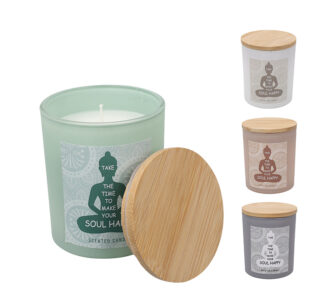 Αρωματικό κερί σε γυάλινο βάζο με καπάκι bamboo 4 αρώματα 8.5cm