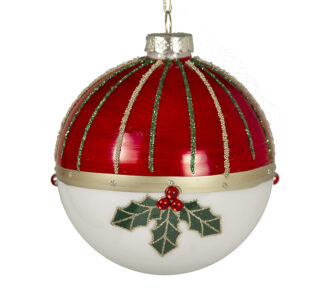 Γυάλ.μπάλλα κοκκινες ρίγες & φυλλα γκύ 10cm