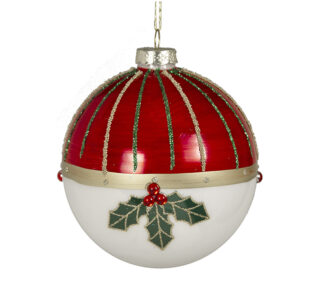 Γυάλ.μπάλλα κοκκινες ρίγες & φυλλα γκύ 8cm