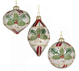 Γυάλ.στολίδια 3σχ.κόκκινες ρίγες & φυλλα γκύ 10cm