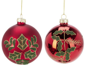 Γυάλινη μπάλλα κόκκινη με φύλλα γκυ 8cm