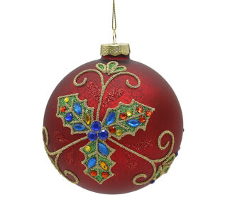 Γυαλ.μπάλλα κόκκινη με πολυχρ.φυλλα γκυ 8cm