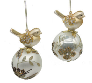 Γυαλ.στολίδι μπάλλα με πουλάκι σε 2 χρ.