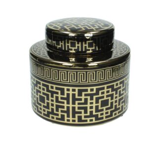 Δοχείο με καπάκι από μαύρη πορσελάνη & επίχρυσο σχ. 20x18cm