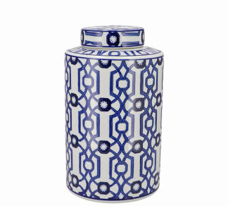 Βάζο με καπάκι floral σε μπλε/λευκό γεωμετρικό σχδ.