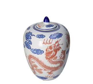 Κινέζικο βάζο με καπάκι σχ.δράκος κοραλί/μπλε