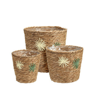 Σ/3 ψάθινα γλαστρακια με λουλούδι 14/16/19cm