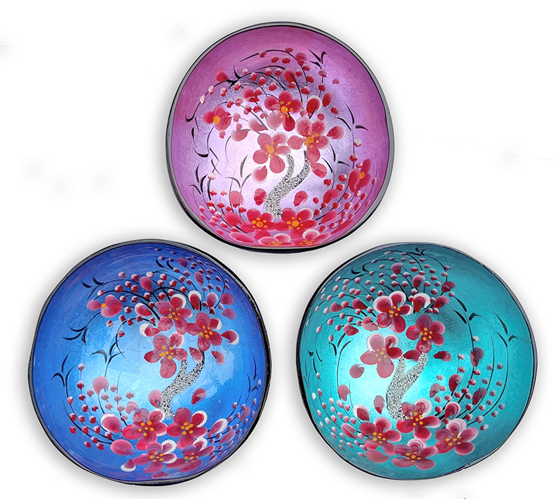 Μπολ καρύδας handpaint λάκα με άνθη κερασιάς 14cm